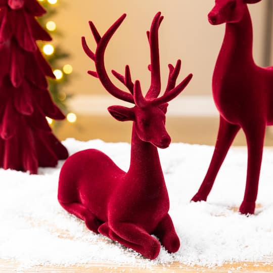 Glitzhome® Burgundy Flocked Reindeer with Tree Christmas Table Décor Set